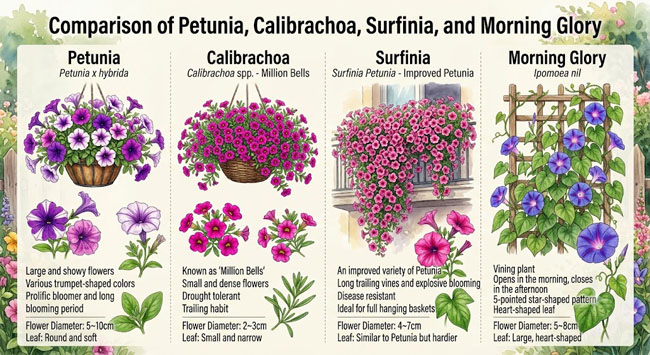 Petunia, Calibrachoa, Surfinia, and Morning Glory